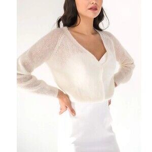 Bridal White Fuzzy Cropped Cardigan XS Pearl Button Balletcore